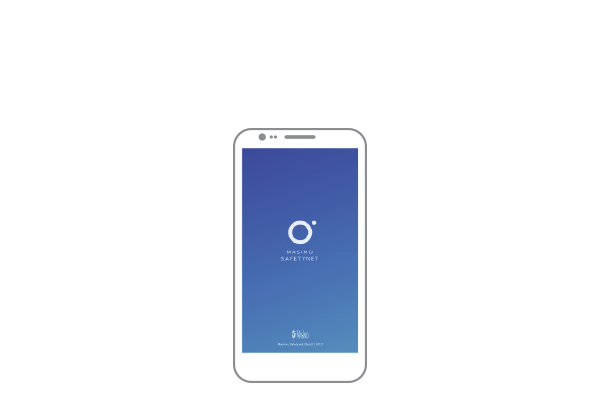 Umrisszeichnung eines Mobilgeräts mit dem Startbildschirm der Masimo Alert App